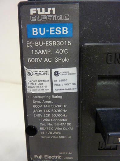 Used FUJI ELECTRIC 15 Amp Circuit Breaker BU-ESB3015 #60563