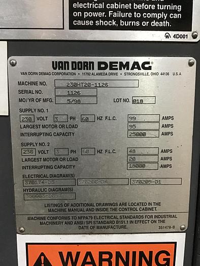 Used VAN DORN 230 Ton Injection Mold Machine 230-HT-20 USED