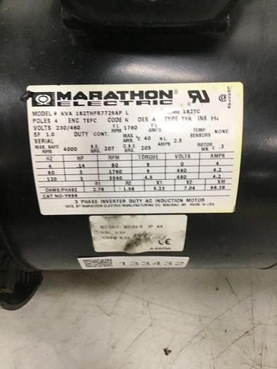 Used MARATHON ELECTRIC 3 HP Motor W/Gear Box KVA 182THFR7729AP L #133432