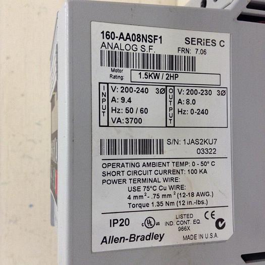 Used ALLEN BRADLEY Speed Controller 160-AA08NSF1 SER C #71784