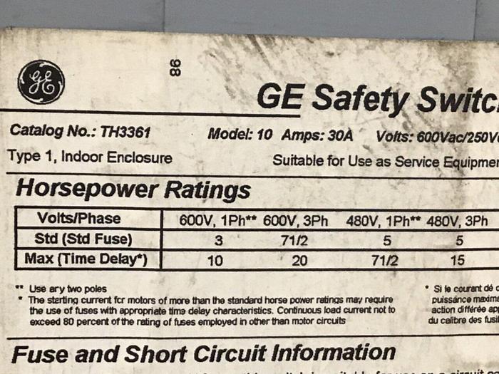 Used GENERAL ELECTRIC / GE 30 Amp Safety Switch TH3361 #120467