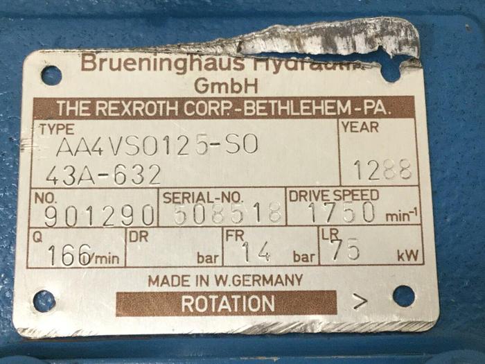 Used BRUENINGHAUS HYDRAULIK Hydraulic Pump AA4VS0125S043A632 Used