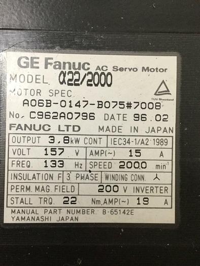 Used GE FANUC 3.8 HP AC Servo Motor A06B-0147-B075 Used