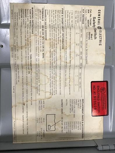 Used GENERAL ELECTRIC / GE 30 Amp Safety Switch TH3361 #125045