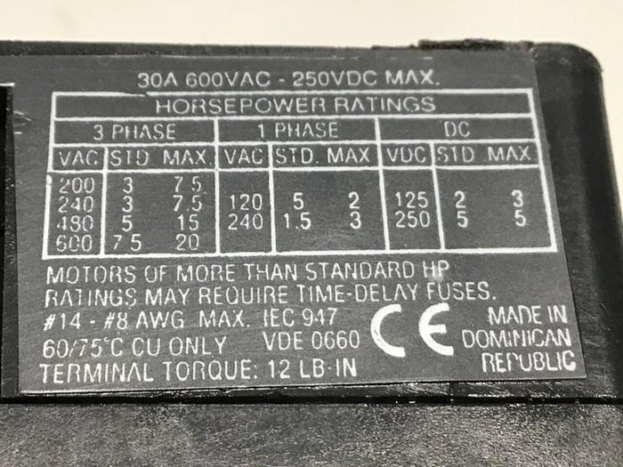 Used ALLEN BRADLEY 30 Amp Disconnect Switch 194R-NJ030P3 SER B #145091