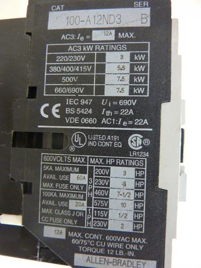 Used ALLEN BRADLEY Contactor 100-A12ND3 SER B #49766