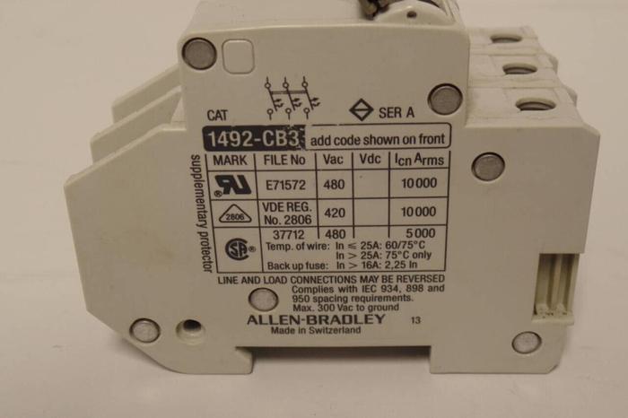 Used ALLEN BRADLEY 20 Amp Circuit Breaker 1492-CB3/G200 SER A #78382