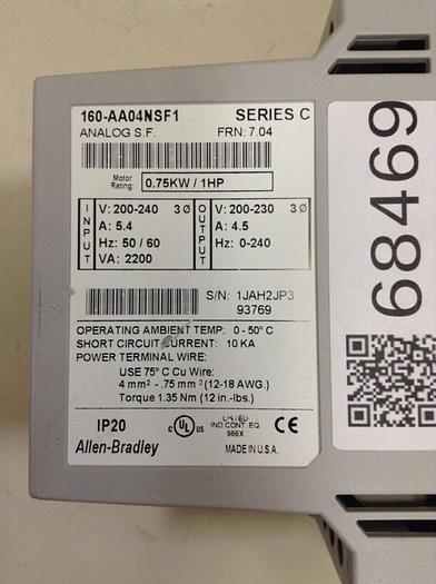 Used ALLEN BRADLEY Speed Controller 160-AA04NSF1 SER C #68469