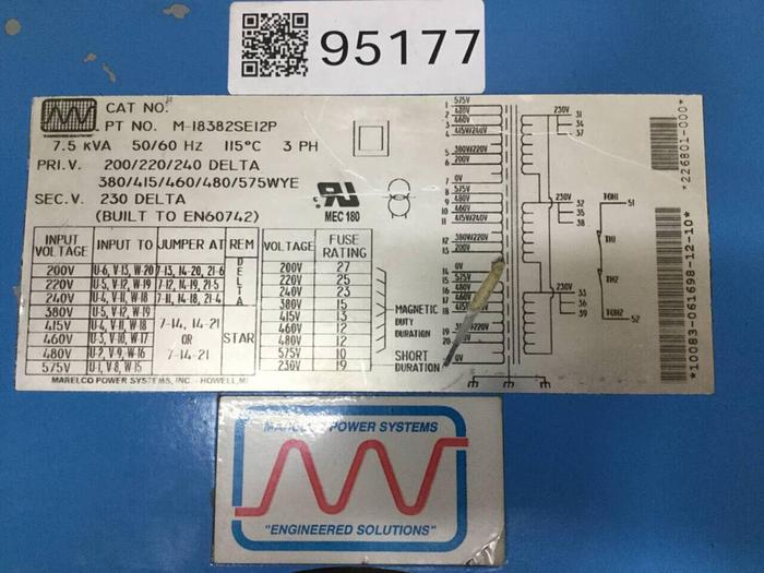 Used MARELCO POWER SYSTEM 7.5 kVA Transformer M-18382SE12P #95177