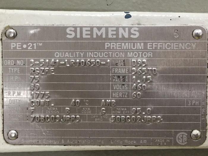 Used SIEMENS 75 HP Motor RGZFE 75HP Used