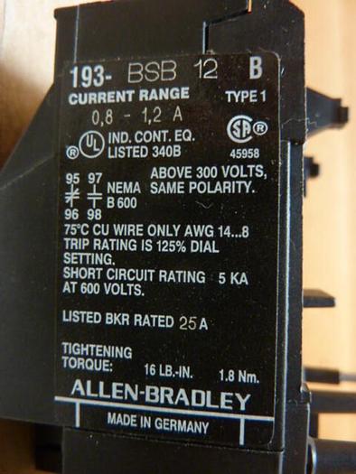 Used ALLEN BRADLEY Overload Relay 193-BSB 12 SER B #51211