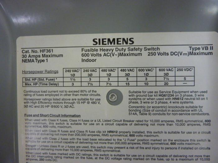 Used SIEMENS 30 Amp Disconnect Switch HF361 #59422