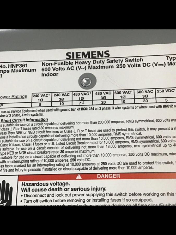 Used SIEMENS 30 Amp Safety Disconnect Switch HNF361 VBII USED
