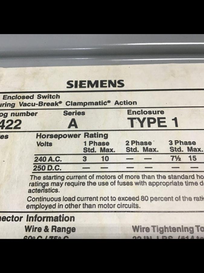 Used SIEMENS 60 Amp I-T-E Disconnect Switch JN422 USED