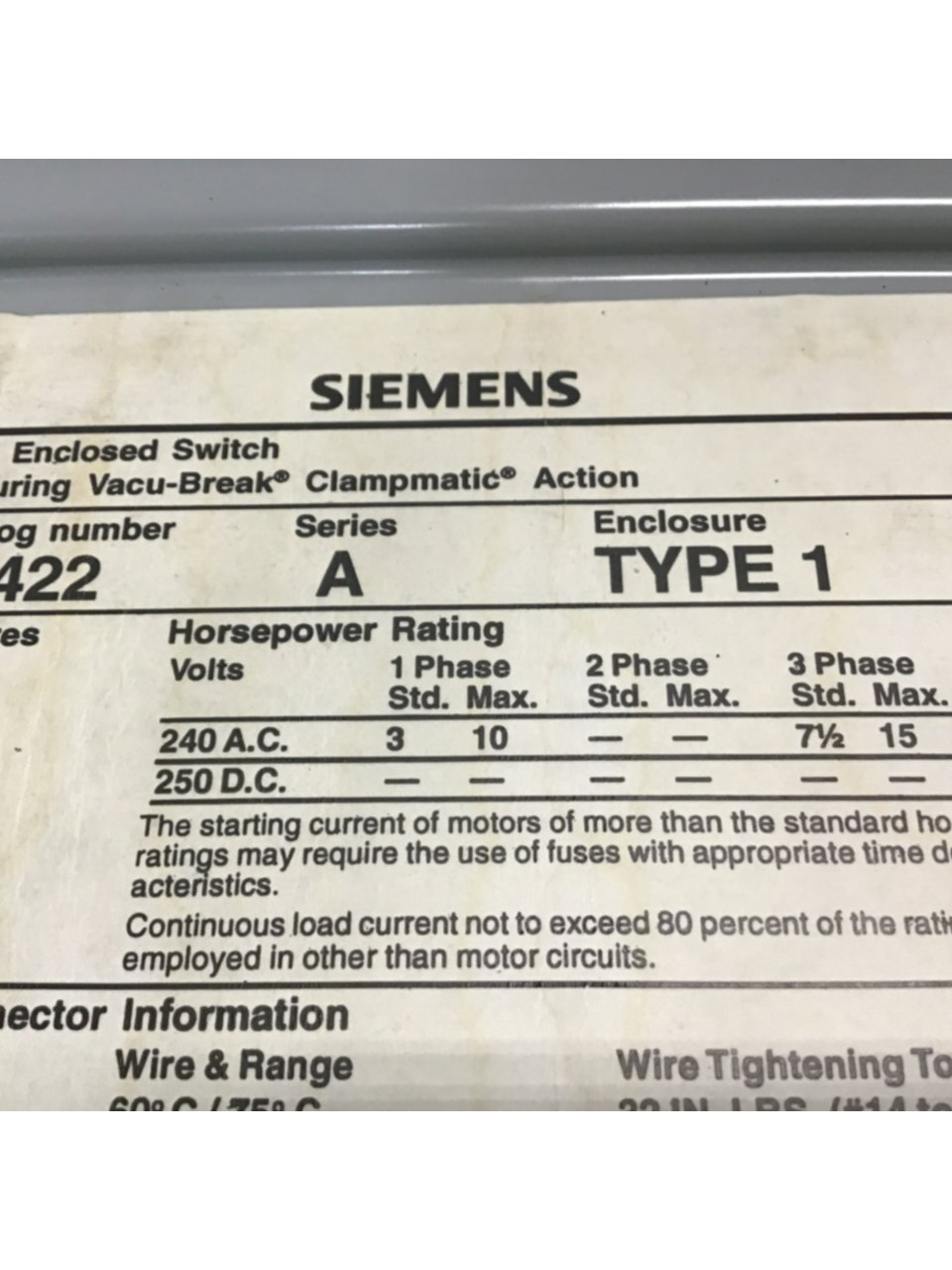 Used SIEMENS 60 Amp I-T-E Disconnect Switch JN422 USED