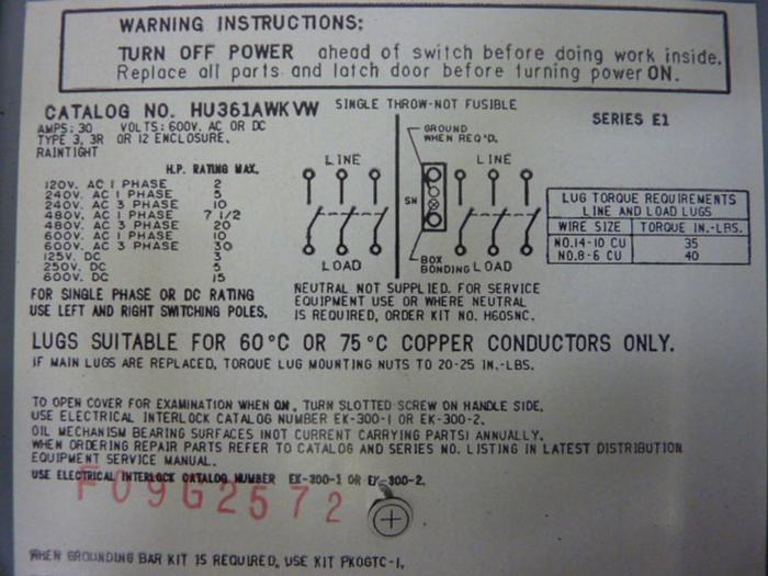 Used SQUARE D 30 Amp Safety Disconnect Switch HU361AWKVW #49994