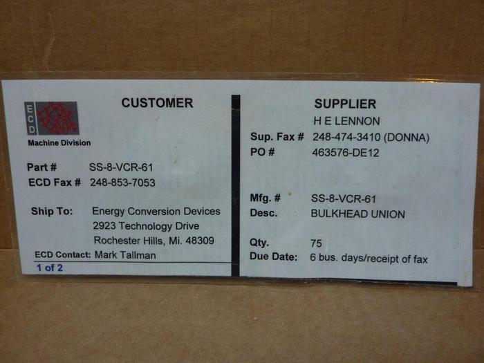 Used SWAGELOK Bulkhead Union Body SS-8-VCR-61 #39268