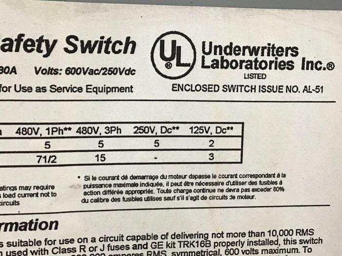 Used GENERAL ELECTRIC / GE 30 Amp Safety Switch TH3361 #120469
