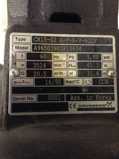 Used GRUNDFOS 3.00 kW / 4 HP Pump w/ Motor CR15-02 A-F-A-V-HQQV Used