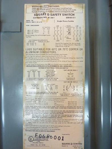 Used SQUARE D 30 Amp Safety Disconnect Switch H361 E1 Used