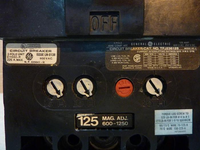 Used GENERAL ELECTRIC / GE 125 Amp Circuit Breaker J236125 #25753