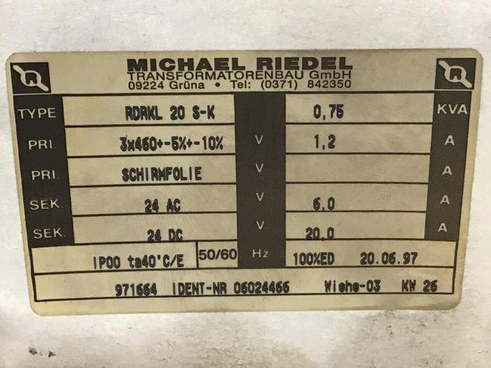 Used MICHAEL RIEDEL 0.75 kVA Transformer RDRKL 20 S-K USED #138256