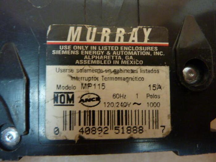 Used MURRAY 15 Amp Circuit Breaker MP115 #27756