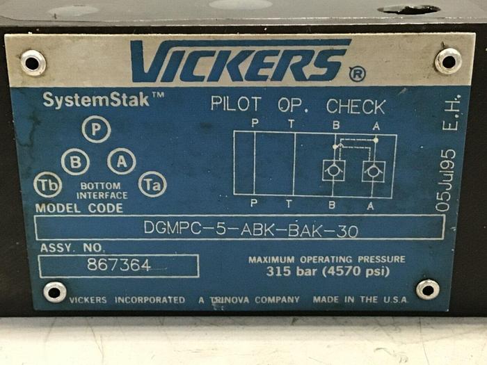 Used VICKERS Pilot Operated Check Valve DGMPC-5-ABK-BAK-30 #131950
