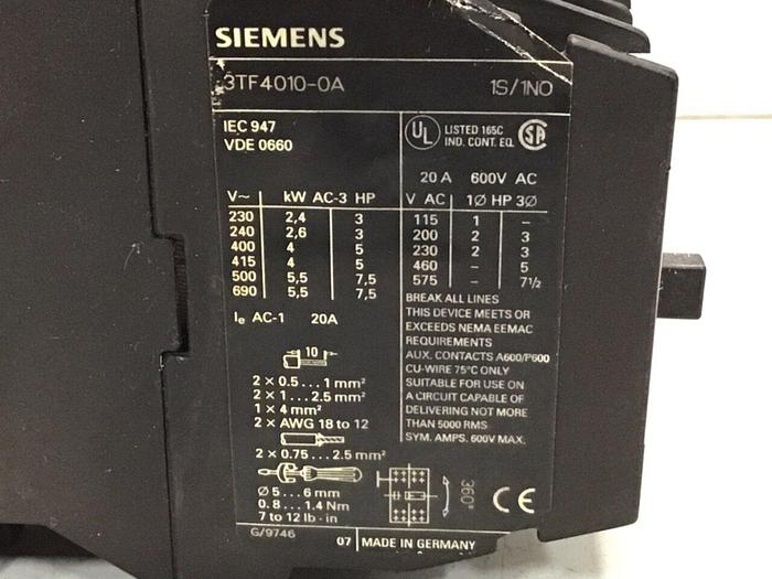 Used SIEMENS Contactor 3TF4010-0A #123991