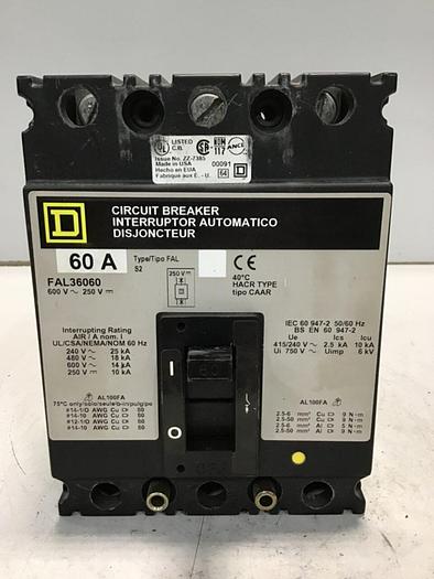 Used SQUARE D 60 Amp Circuit Breaker FAL36060 / SWITCH #138638