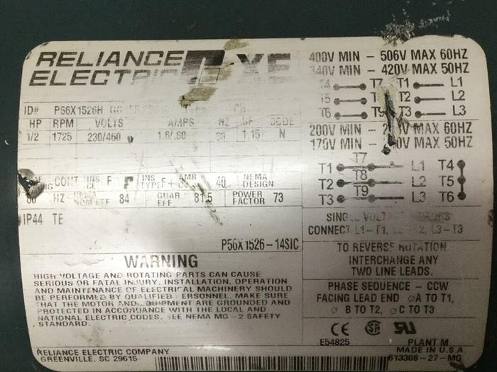 Used RELIANCE ELECTRIC 1/2 HP Motor P56X1526H #110264