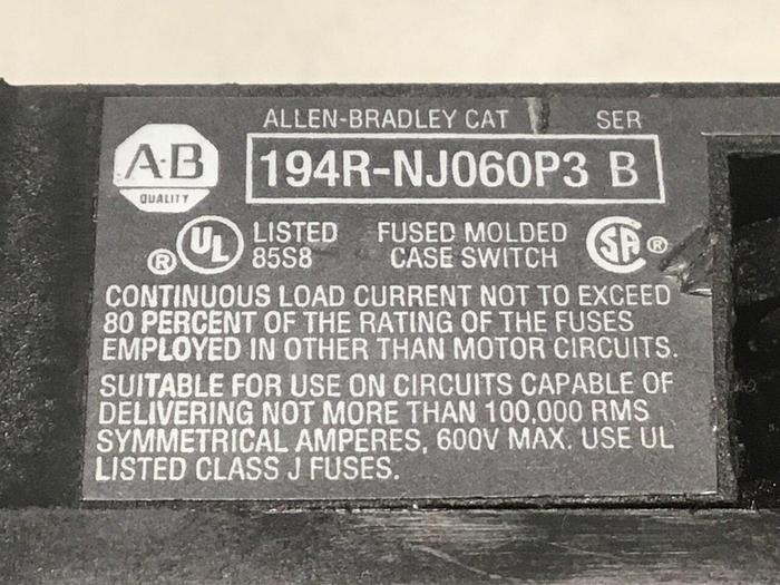 Used ALLEN BRADLEY Disconnect Switch 194R-NJ060P3 SER B #127860
