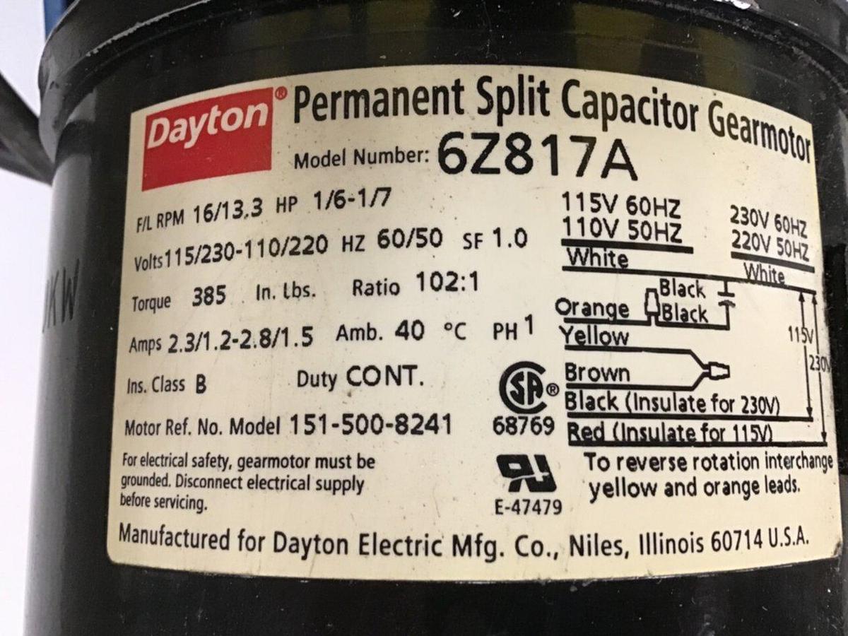 Used DAYTON Capacitor Gearmotor 6Z817A #127312