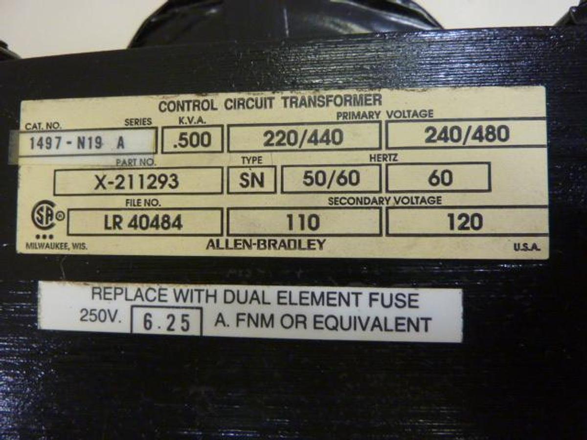 Used ALLEN BRADLEY .500 kVA Transformer 1497-N19 SER A Used 