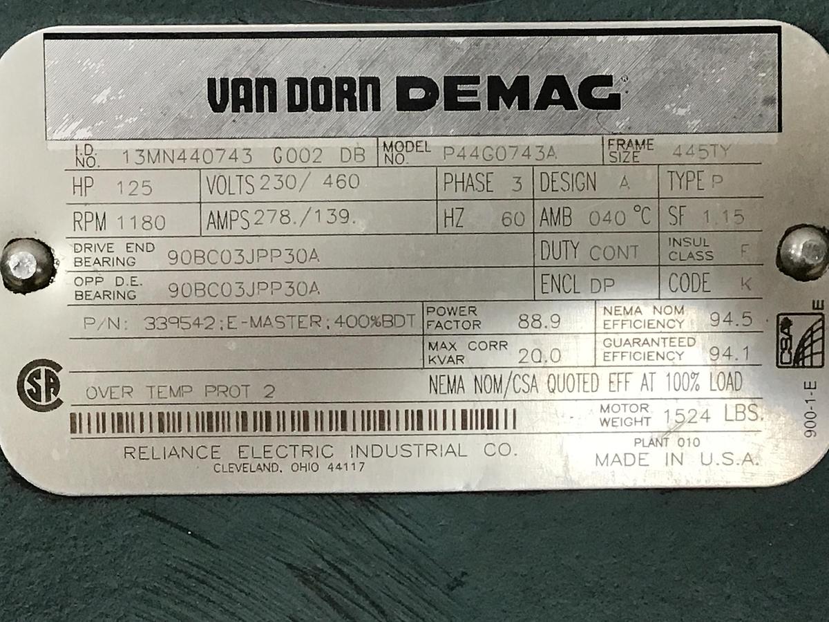 Used RELIANCE ELECTRIC P44G0743A Van Dorn Demag 125 HP Motor USED #144642