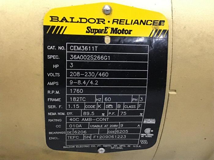 Used BALDOR 3 HP Super E Motor CEM3611T #127684