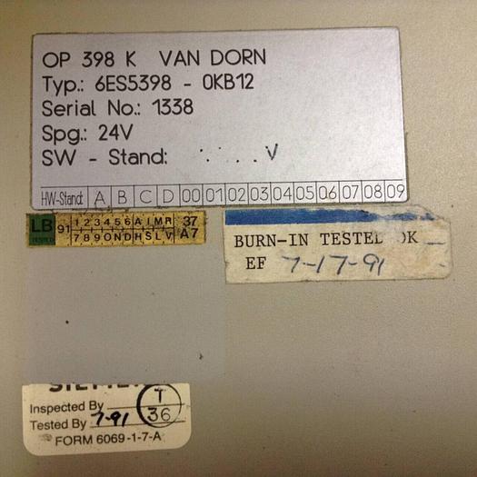 Used VAN DORN OP 398K Pathfinder Operator Control 6ES5398-0KB12 Used