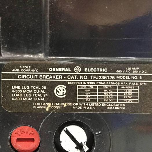 Used GENERAL ELECTRIC / GE 125 Amp Circuit Breaker TFJ236125 Used