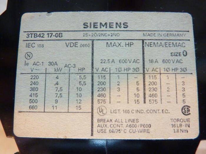 Used SIEMENS Contactor 3TB4217-0B #35299