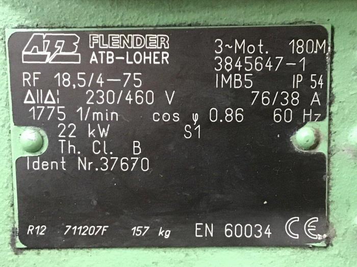 Used FLENDER 30 HP Motor RF 18.5/4-75 Used