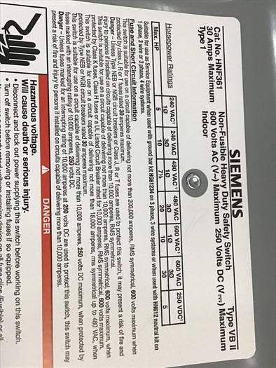 Used SIEMENS 30 Amp Safety Disconnect Switch HNF361 VBII #137850