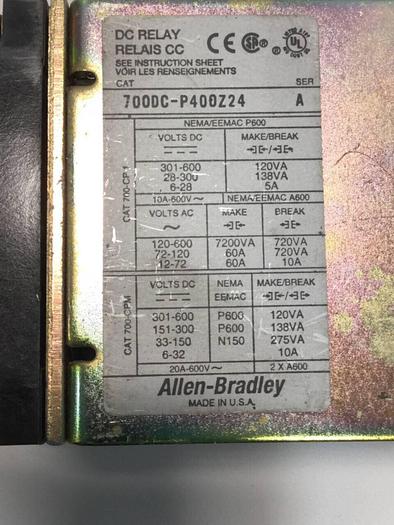 Used ALLEN BRADLEY DC Relay 700DC-P400Z24 #92916