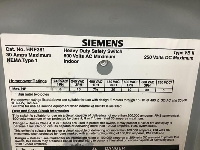 Used SIEMENS 30 Amp Safety Disconnect Switch HNF361 VBII #130225
