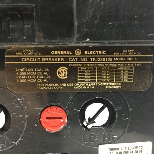Used GENERAL ELECTRIC / GE 125 Amp Circuit Breaker TFJ236125 Used
