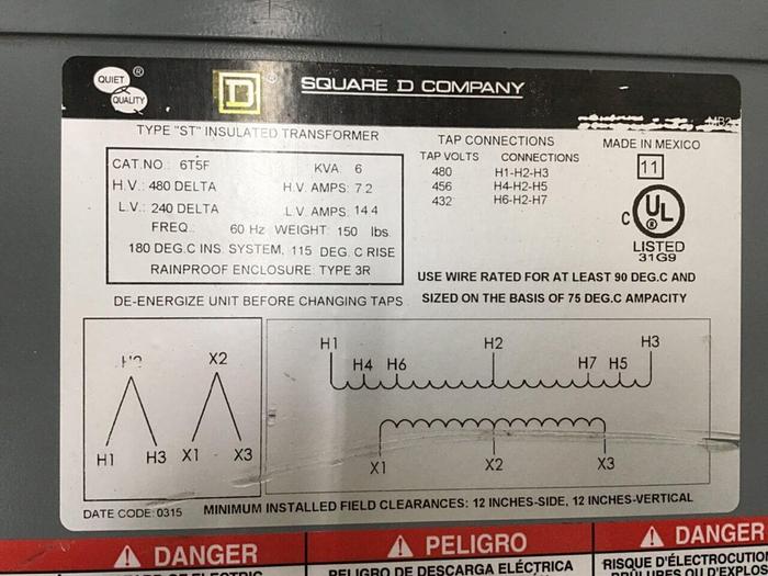 Used SQUARE D 6 kVA Insulated Transformer 6T5F #140698