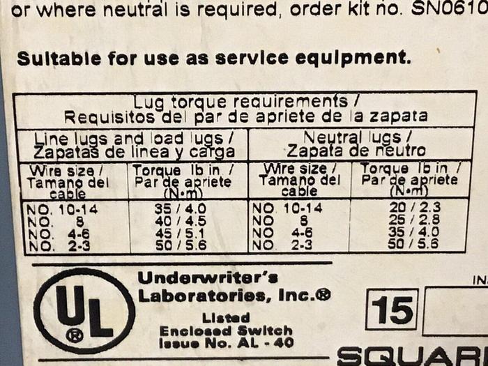 Used SQUARE D 60 Amp Safety Disconnect Switch H362 F3 #120448