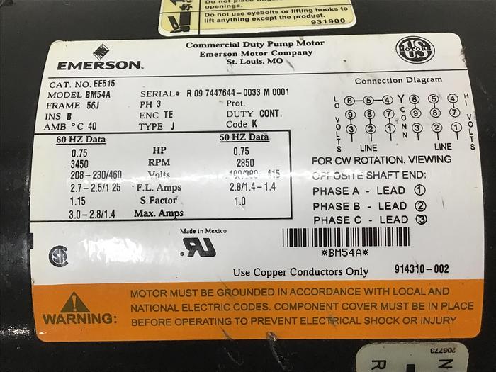Used EMERSON 0.75 HP Commercial Duty Pump Motor BM54A Used #142892
