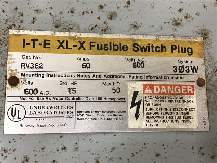Used SIEMENS 60 Amp Buss Plug RV362 #137258