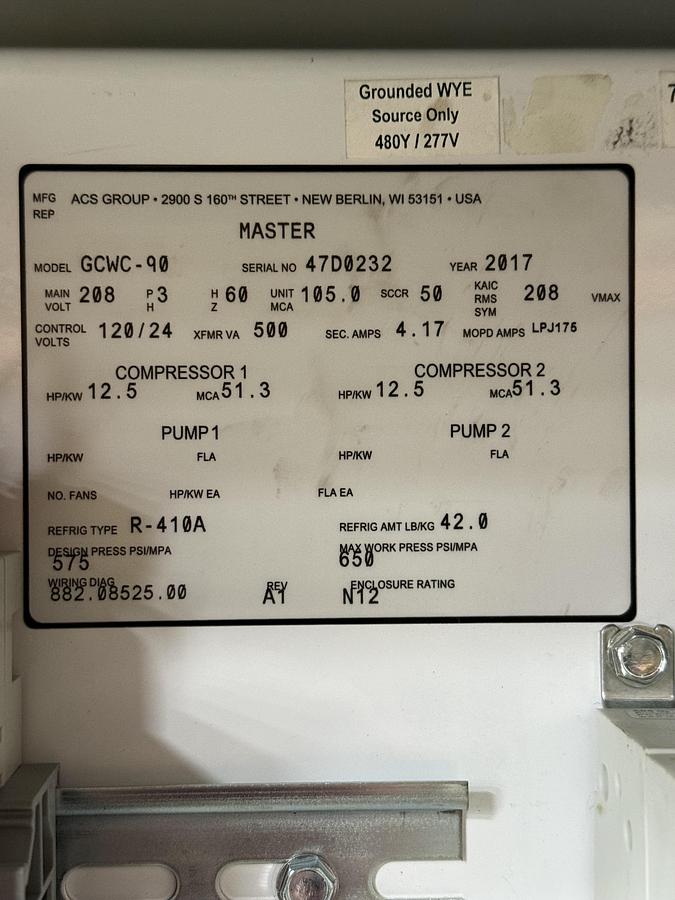 Used 2017 AEC GCWC-90, 25 Ton Water Cooled Chiller Used #150480