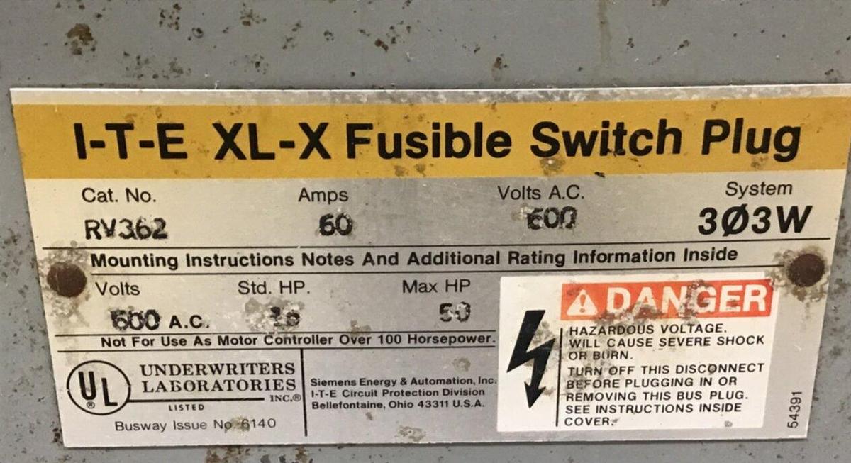 Used SIEMENS 60 Amp Buss Plug RV362 Used